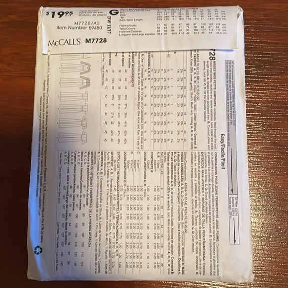 2/$15 McCall’s Sewing Pattern M7728 6-14 - Picture 3 of 3